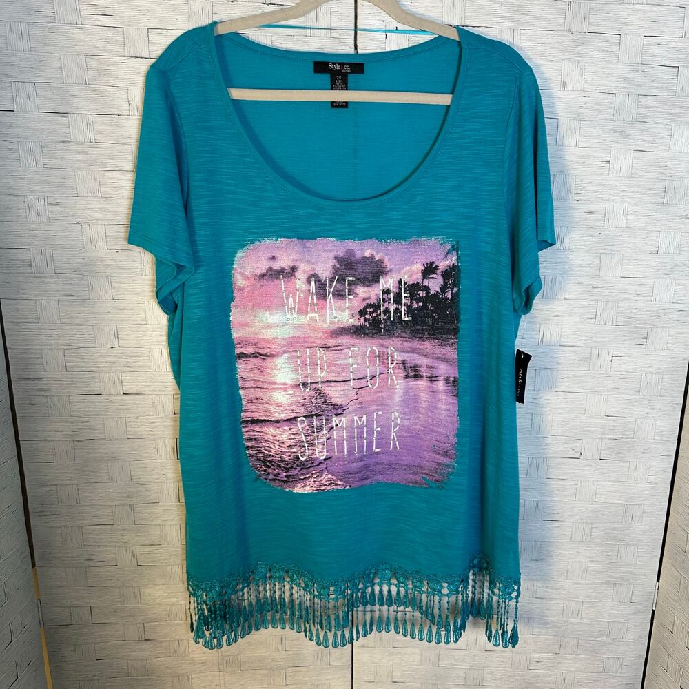 Style & Co. women's T-shirt lace him coastal soft feminine aqua plus size